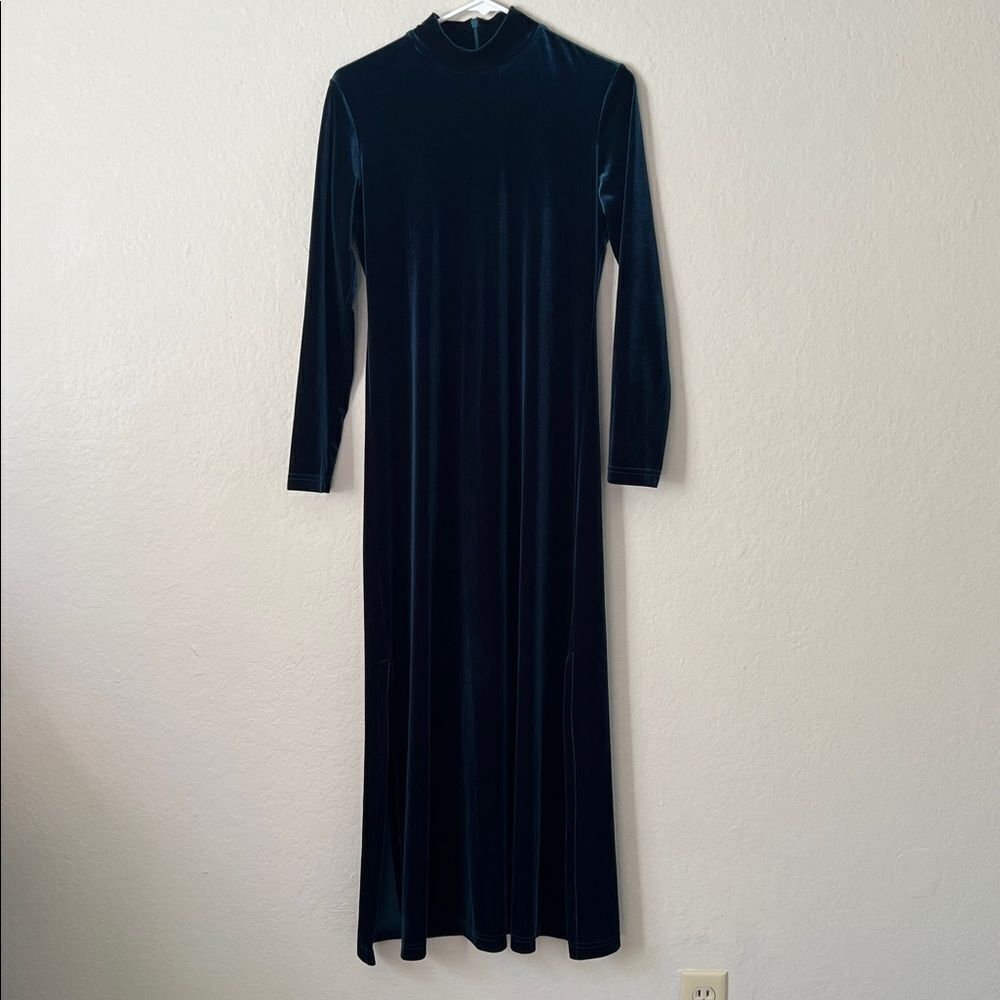 Maggy London Teal Velvet Long Sleeve High Neck Maxi Slit Dress Size Unknown